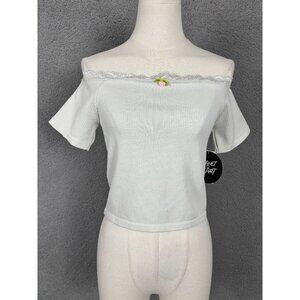 Planet Heart Juniors' Cropped Gray Off-Shoulder Ribbed Lace Trim Top Large NWT's